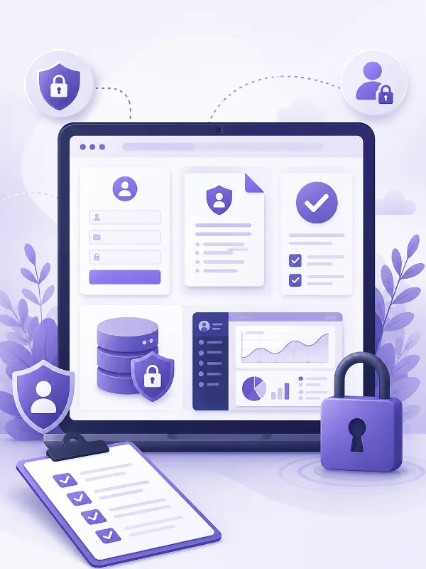 Checklist visual de revisión para un sitio web con formulario, política de privacidad, consentimiento, base de datos y seguridad.