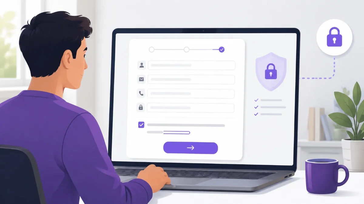 Formulario web con casilla de aceptación de privacidad y elementos visuales que representan consentimiento informado y seguridad.