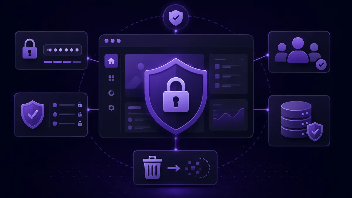 Pantalla web protegida con candado y escudo junto a elementos de seguridad, accesos privados y base de datos segura.